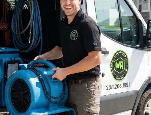 Master Restoration technician unloading an air mover from a company van