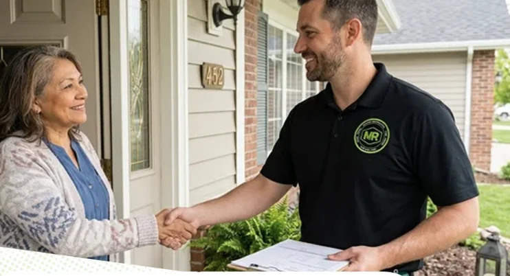 A Master Restoration project manager greeting a homeowner at her front door